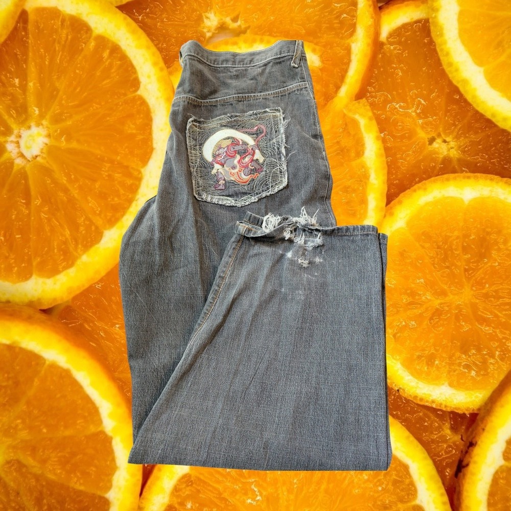 Mens Baggy Grey Denim Jeans Japanese Oni Embroidery Streetwear Size 42 Y2K Style